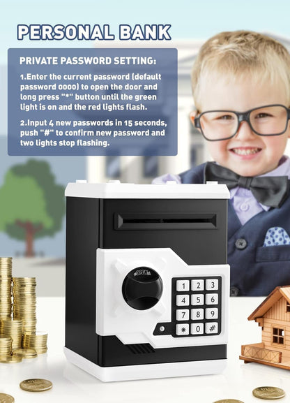 Playsheek Piggy Bank for Girls Boys Large Electronic Money Coin Banks with Password Protection, Automatic Paper Money Scroll Saving Box, Great Gift for Kids(Black-White)