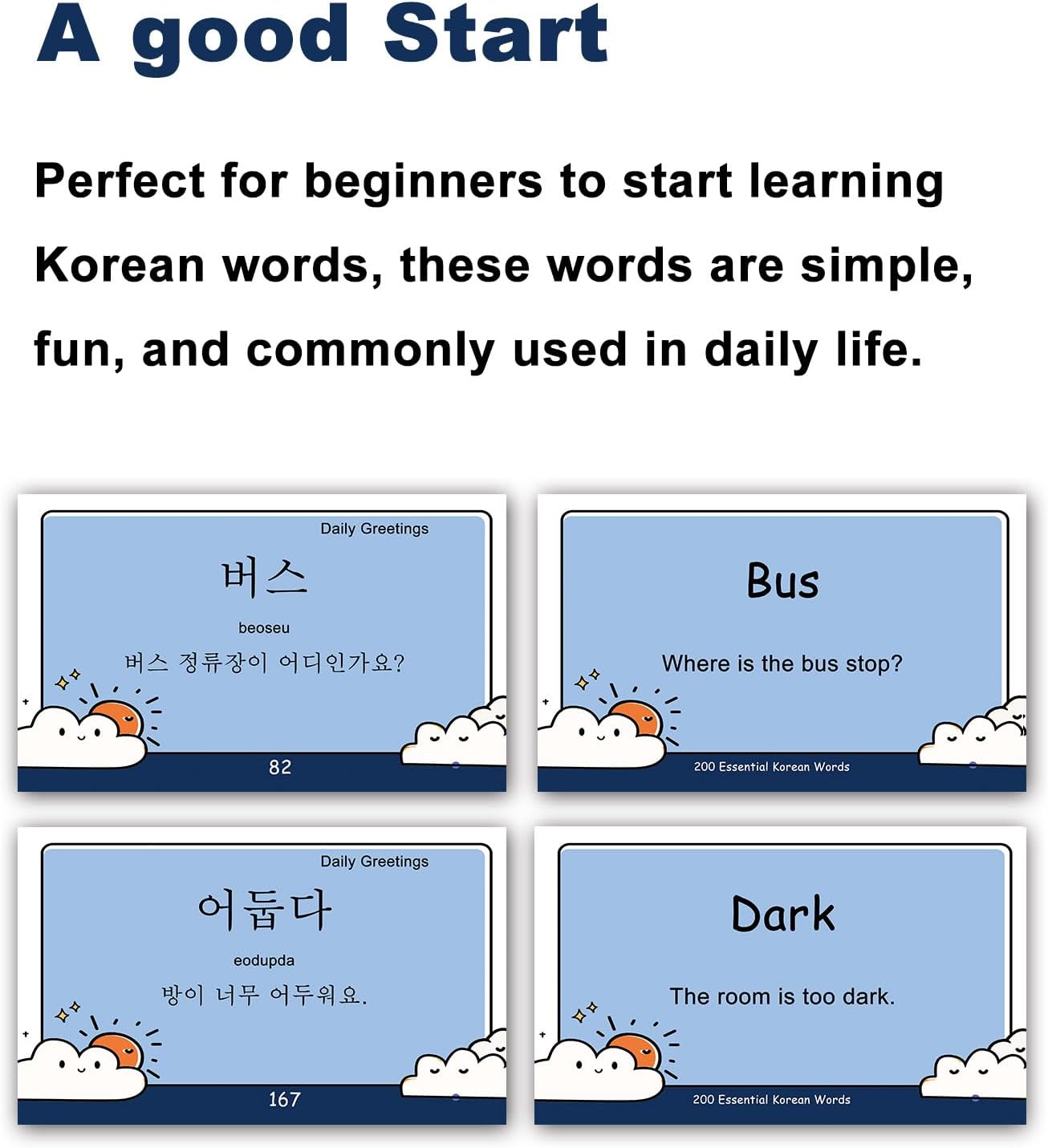 200 Essential Korean Words Vocabulary Flash Cards Flashcard for Beginners Adults | Learn Korean for Beginners Adult