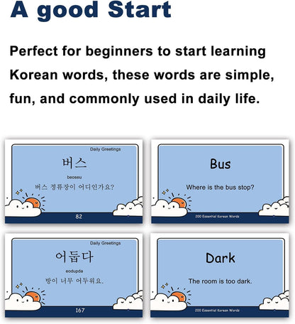 200 Essential Korean Words Vocabulary Flash Cards Flashcard for Beginners Adults | Learn Korean for Beginners Adult
