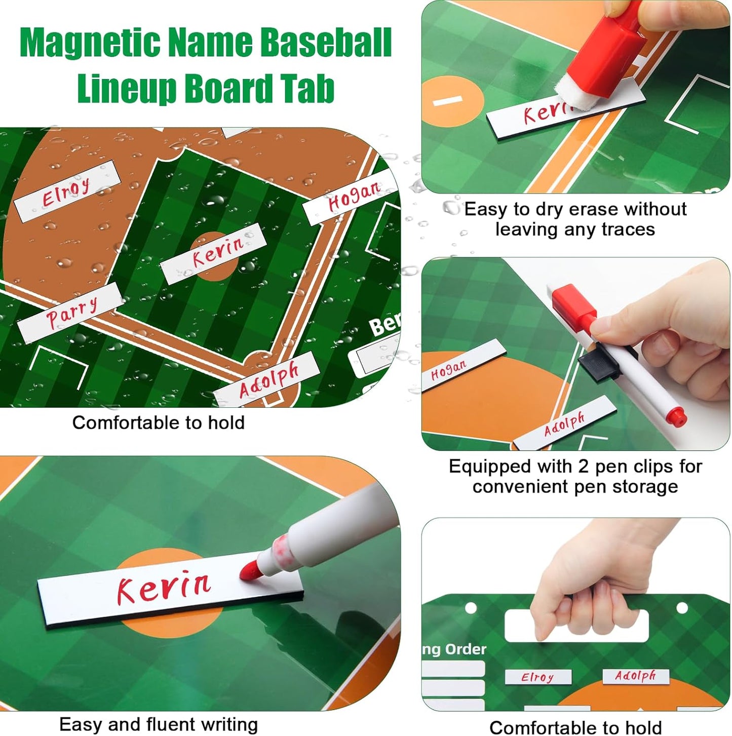 Baseball Coach Clipboard, Anglecai Double-Sided Dry Erase Baseball Lineup Board for Softball Dugout Board Baseball Coaching Board with 30 Lineup Card/ 10 Magnet/2 Marker/2 Hook (Green)