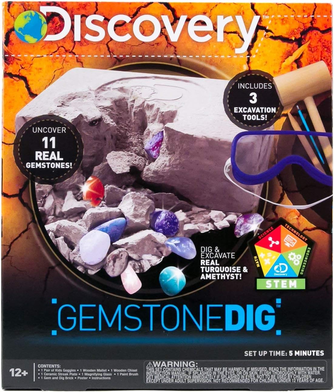 Discovery Kids Gemstone Dig Stem Science Kit by Horizon Group Usa, Excavate, Dig & Reveal 11 Real Gemstones, Includes Goggles, Excavation Tools, Streak Plate, Magnifying Glass & More