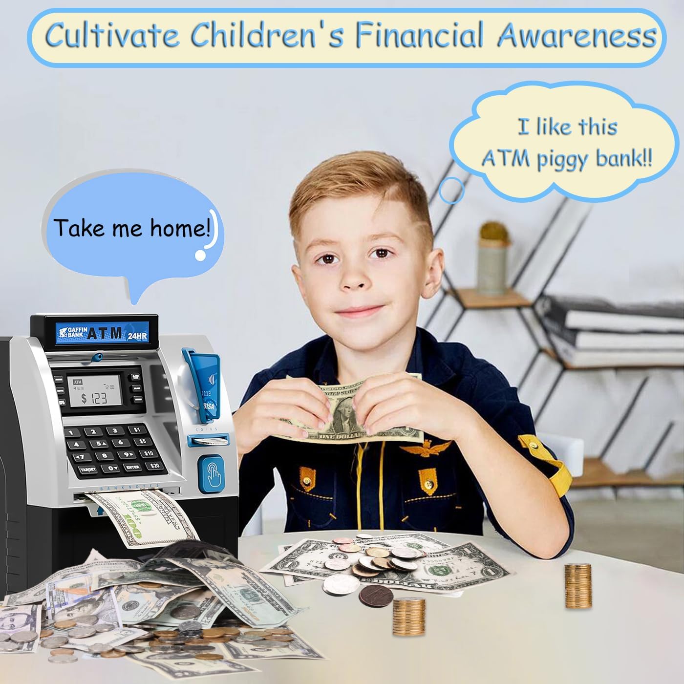 BKstar Kids ATM Piggy Bank with Debit Card & PIN - Electronic Money Bank with Digital Coin Counter & Bill Feeder, Educational Savings Toy for Boys & Girls Ages 3-12
