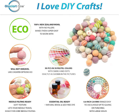 Glaciart One Felt Pom Poms, Wool Felt Balls with Swirls & Dots (90 Pieces) 2 cm – 0.8 Inch, Handmade Felted 30 Color Pastel Bulk Small Puff for Felting and Garland
