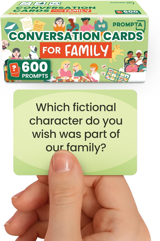 Prompta 600 Conversation Cards for Families – Fun Family Game for Kids and Adults During Game Night, Family Dinner, or Road Trips – Five Get to Know You Question Categories on 2.5" x 1.75" Cards