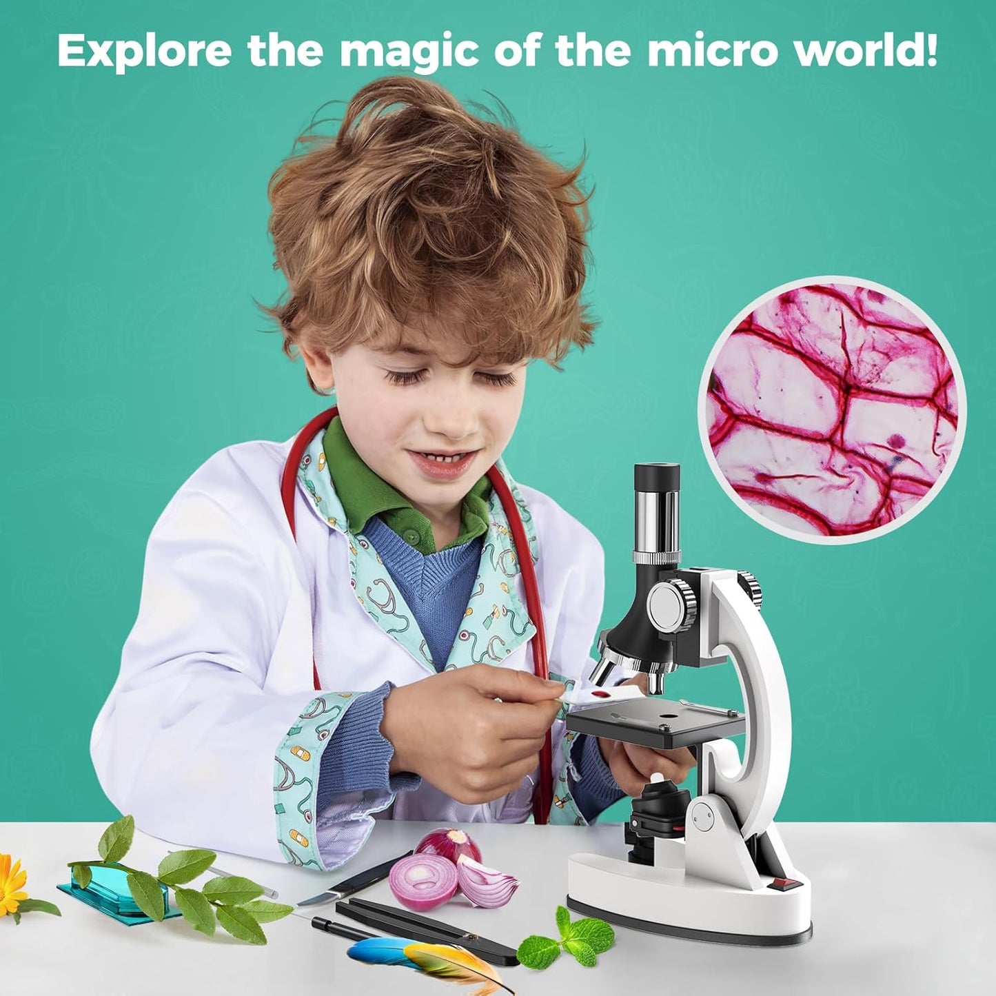 USCAMEL Kids Microscope Science Kit - 1200X Microscope for Kids 8-12 with Prepared Slides Metal Body LED Light Carrying Box Educational Compound Toy Set for Children Ages 5 Year Old Boys & Girls Gift