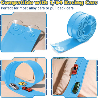 Flex Tracks 15 Ft Starter Set Flexible Race Track for Kids 3+, Flexible Car Track Race Car Ramp Track Compatible with Diecast 1/64th Cars, Portable Rolls Up Race Tracks with Strong Suction Cups