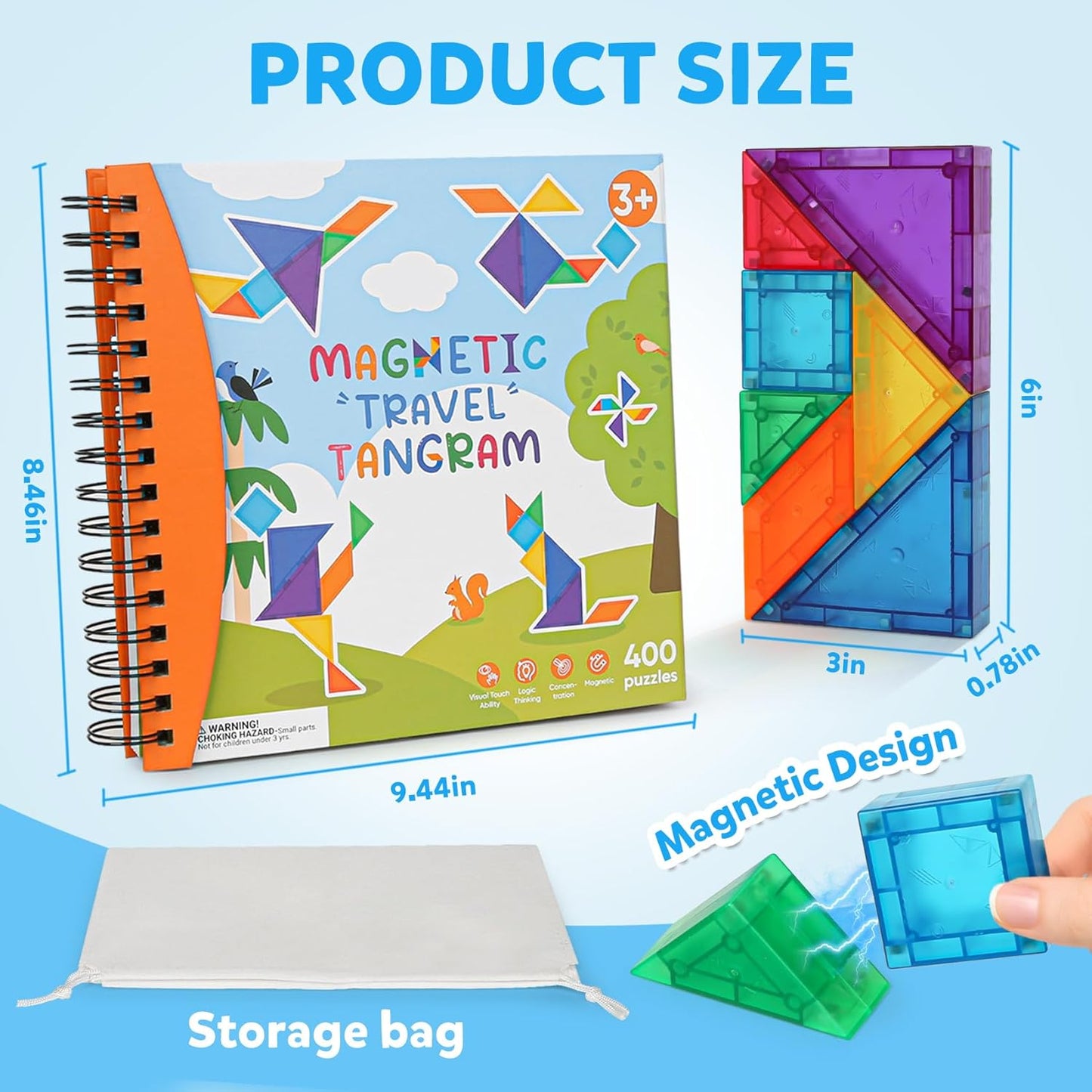 USATDD Travel Tangram Puzzle with 2 Set, Magnetic Pattern Blocks Road Trip Travel Games Jigsaw Montessori Brain Blocks IQ Book with 368 Solution Brain Teasers for Kids Adults Challenge