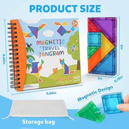 USATDD Travel Tangram Puzzle with 2 Set, Magnetic Pattern Blocks Road Trip Travel Games Jigsaw Montessori Brain Blocks IQ Book with 368 Solution Brain Teasers for Kids Adults Challenge