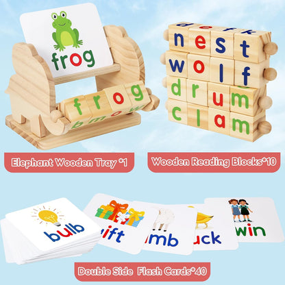 ShyLizard Montessori Learning and Educational Toys Gifts for Kids 3 4 5 Years, Wooden Reading Blocks Toys, Learning Activities for Preschool Kindergarten, Turning Rotating Matching Flash Card Games
