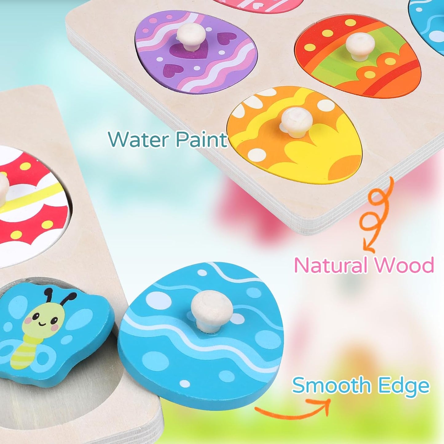 CCINEE Easter Wooden Peg Puzzles for Toddlers 1-3, 6 Pcs Matching Egg Puzzle Montessori Educational Toys for Easter Basket Stuffers Party Favors Learning Activities