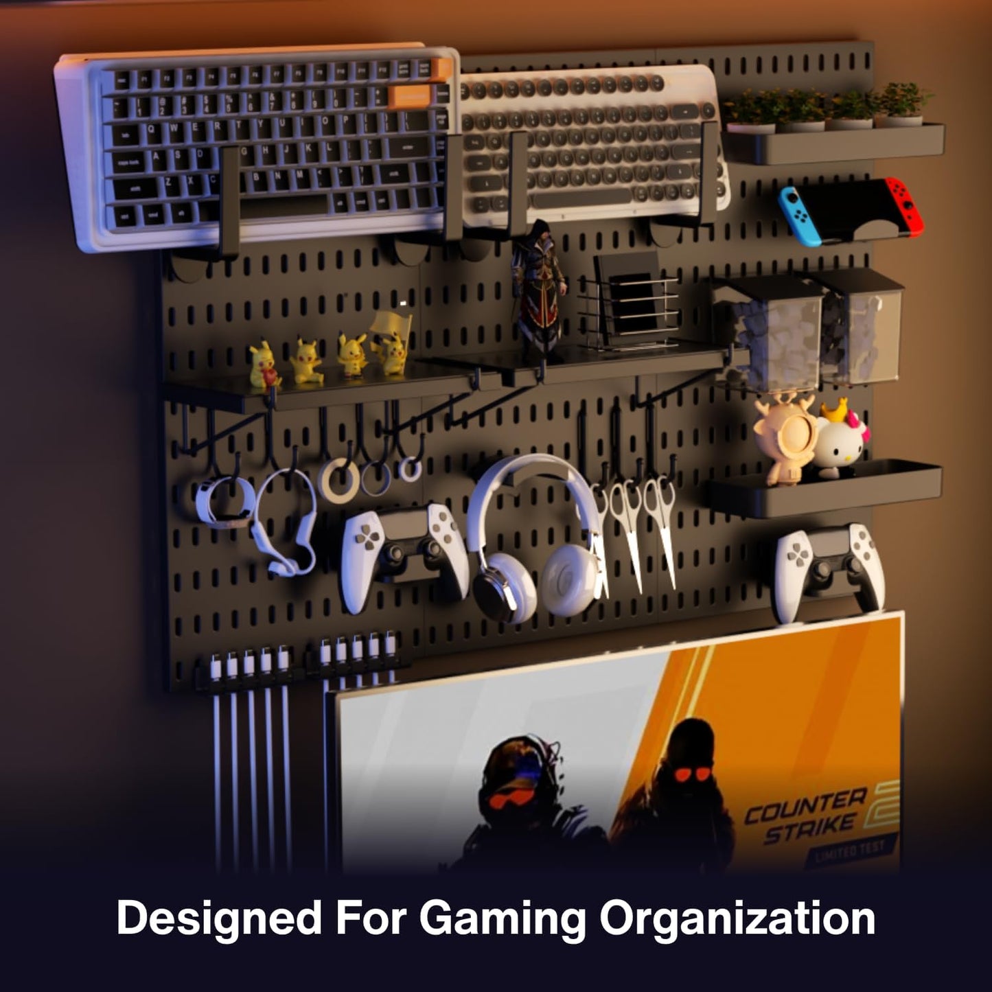 Keepo Peg Board Wall Organizer for Gaming Setup, Pegboard with Adhesives & Screw Mounts, Includes Peg Board Accessories for Gaming Accessories, Tech Storage & Office Organization (Black, 33″×22″)