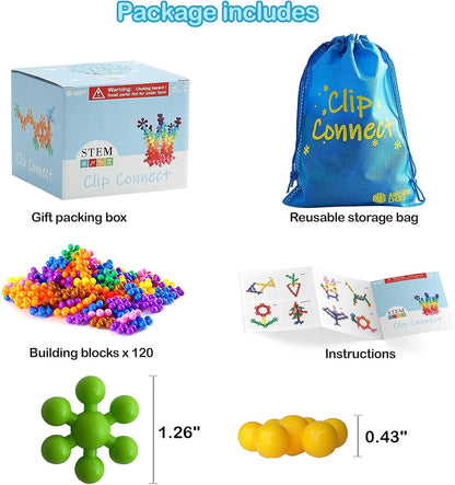 Clip Connect 120 Piece Building Blocks | Diameter 1.26", STEM Building Toys Set Kindergarten Math Manipulatives for Kids Boys Girls, Educational Preschool Toys Activities Homeschool Supplies