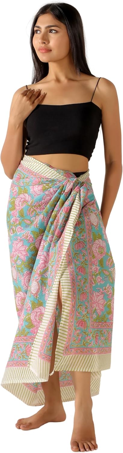 100% Cotton Sarong Cover Up for Women Indian Block Print Beach Wrap Skirt Long Boho Swimsuit Bikini Pareo (73” x 43”)
