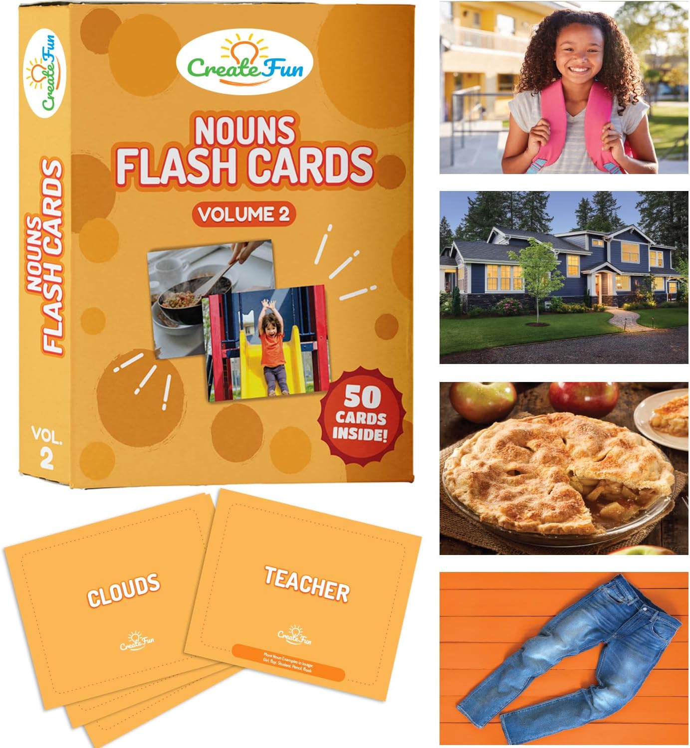 50 Noun Flash Cards, Fun Vocabulary Builder Educational Learning Photo Cards for Kids, Homeschool, Adults, Seniors, Speech Therapy, ESL, Autism, Dementia, Aphasia, SLP, ABA, and Occupational Therapy