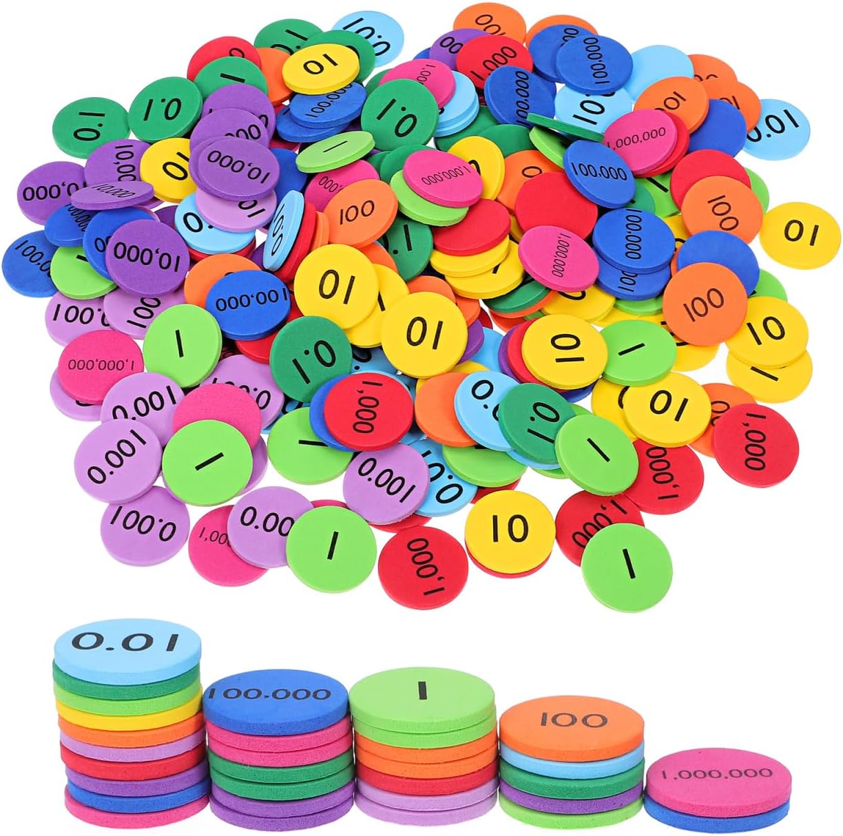 Gatuida 300pcs EVA Place Value Disks, Colorful Counting Chips Early Math Skills Color-Coded Soft Place Value, Educational Math Manipulatives for Kids Learning Elementary School