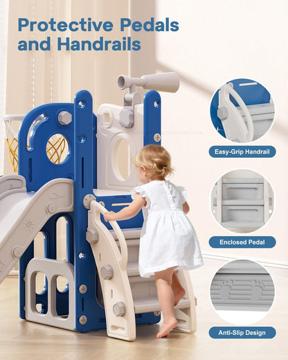 Babytronic Toddler Slide, 6 in 1 Kids Indoor Slide for Toddlers 1-3, Baby Indoor and Outdoor Climber Playset, Kids Slide with Basketball Hoop and Telescope, Toddler Outdoor Playground (Blue&Yellow)