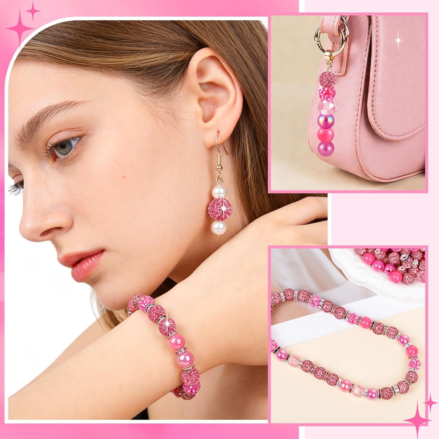 300 Pcs Diamonds Beads for Jewelry Making, Included 10 mm Red Rhinestone Beads for Bracelets, Bubblegum Bead for Pen Making, Pearl and Spacer Bead for Bracelet Necklace Earring Crafting