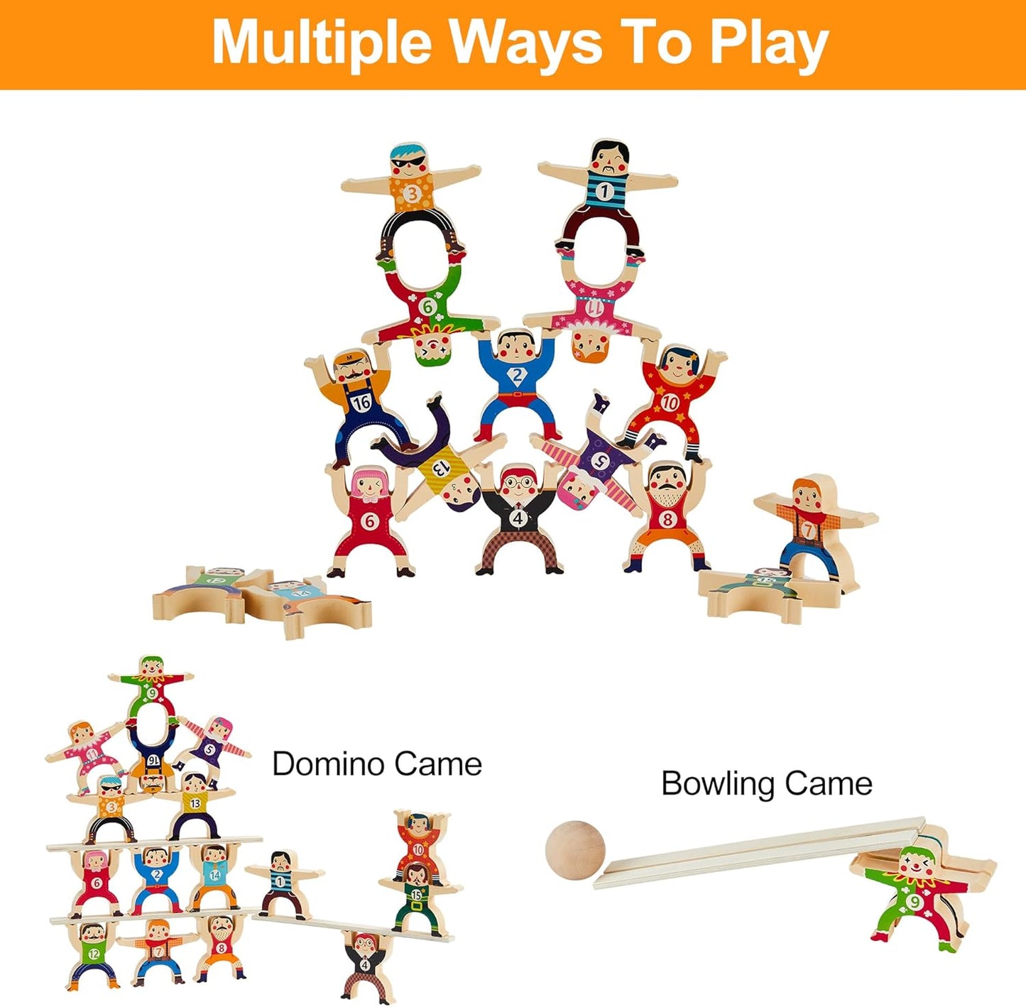 HELLO PAPAYA Wooden Stacking Toys 16Pcs Balancing Building Blocks Game,Circus Hercules Acrobatic Troupe Interlock Toy,for 3 4 5 6 Years Old Kids Adults Toddler Puzzle Toys
