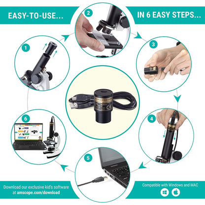 AmScope - M40-K-MDM35 IQCREW by 120X – 1200X Kid’s 85+ Piece Premium Microscope STEM Kit with Color Camera, Interactive Kid’s Friendly Software, Prepared and Blank Slides and More