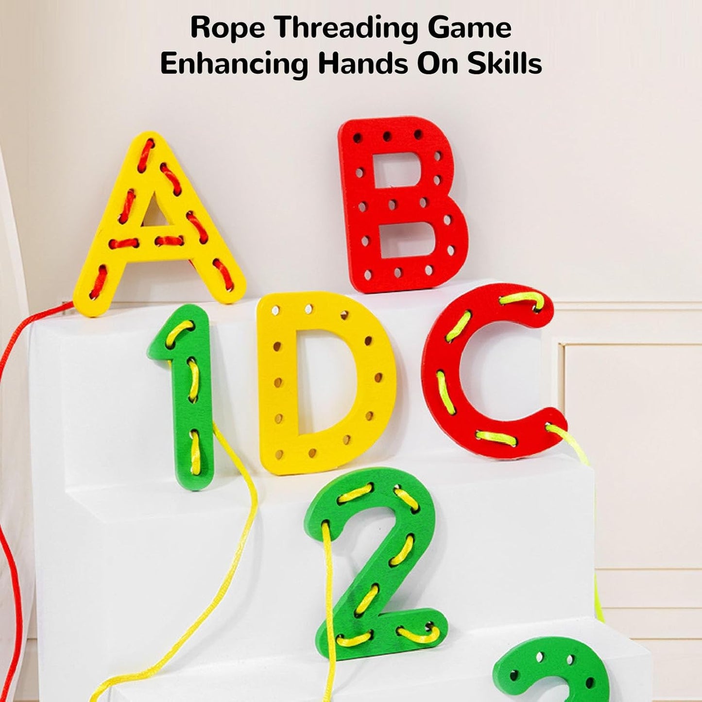Lacing Alphabet and Number Cards, Wooden Threading Letters Beads with 8 Strings for Early Spelling, Number Alphabet Lacing Cards for Boys Girls