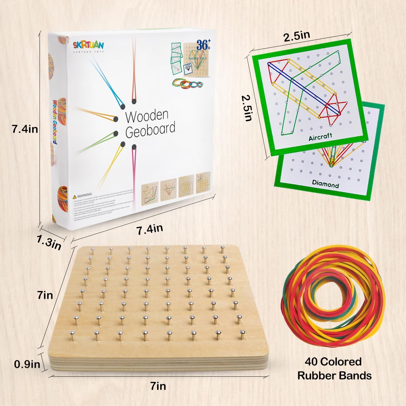 Skrtuan Wooden Geoboard with Pattern Cards & Rubber Bands, Montessori STEM Educational Toy for Kids 3-5 5-8 Years Old, Brain Teaser Puzzle Game for Geometry Learning and Creative Shapes