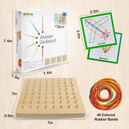 Skrtuan Wooden Geoboard with Pattern Cards & Rubber Bands, Montessori STEM Educational Toy for Kids 3-5 5-8 Years Old, Brain Teaser Puzzle Game for Geometry Learning and Creative Shapes