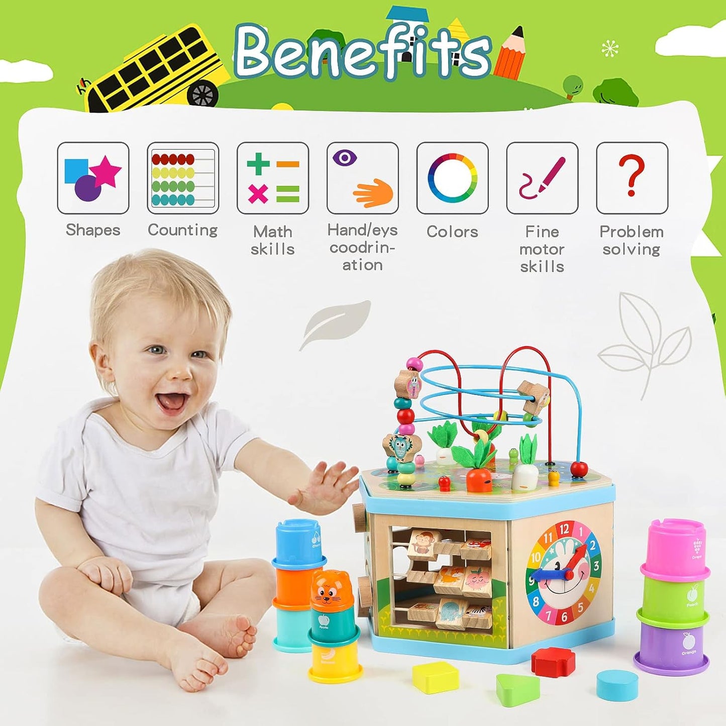 Wooden Activity Cube for 1 Year Old Kids, Educational Learning Bead Maze for Toddler Age 1-3, Developmental Montessori Toys for 12-36 Months Boys Girls Gift