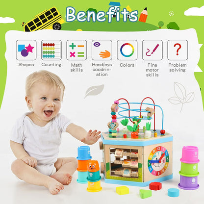 Wooden Activity Cube for 1 Year Old Kids, Educational Learning Bead Maze for Toddler Age 1-3, Developmental Montessori Toys for 12-36 Months Boys Girls Gift