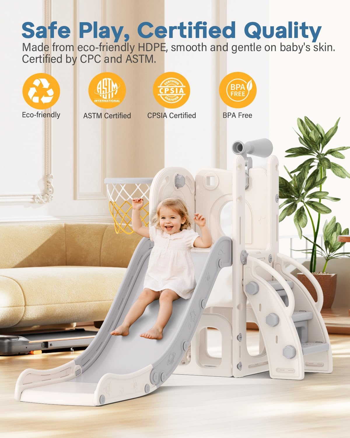 Babytronic Toddler Slide, 6 in 1 Kids Indoor Slide for Toddlers 1-3, Baby Indoor and Outdoor Climber Playset, Kids Slide with Basketball Hoop and Telescope, Toddler Outdoor Playground (Blue&Yellow)