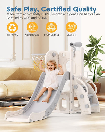 Babytronic Toddler Slide, 6 in 1 Kids Indoor Slide for Toddlers 1-3, Baby Indoor and Outdoor Climber Playset, Kids Slide with Basketball Hoop and Telescope, Toddler Outdoor Playground (Blue&Yellow)