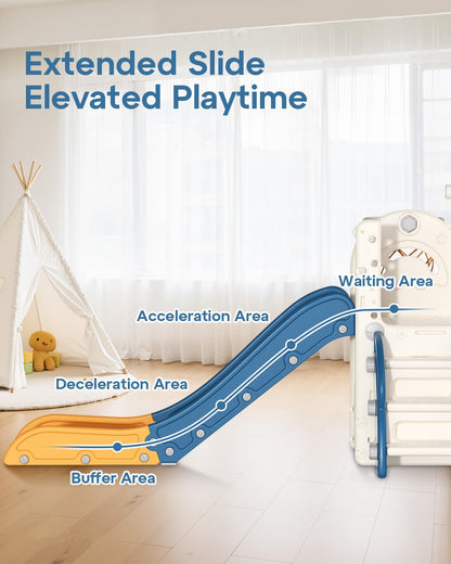 BIERUM Toddler Slide for Kids,6-in-1 Indoor Outdoor Toddler Slides Playground with Basketball Hoop, Golf Game & Telescope, L-Shaped Baby Slide Climber Playset, Cream&Gray