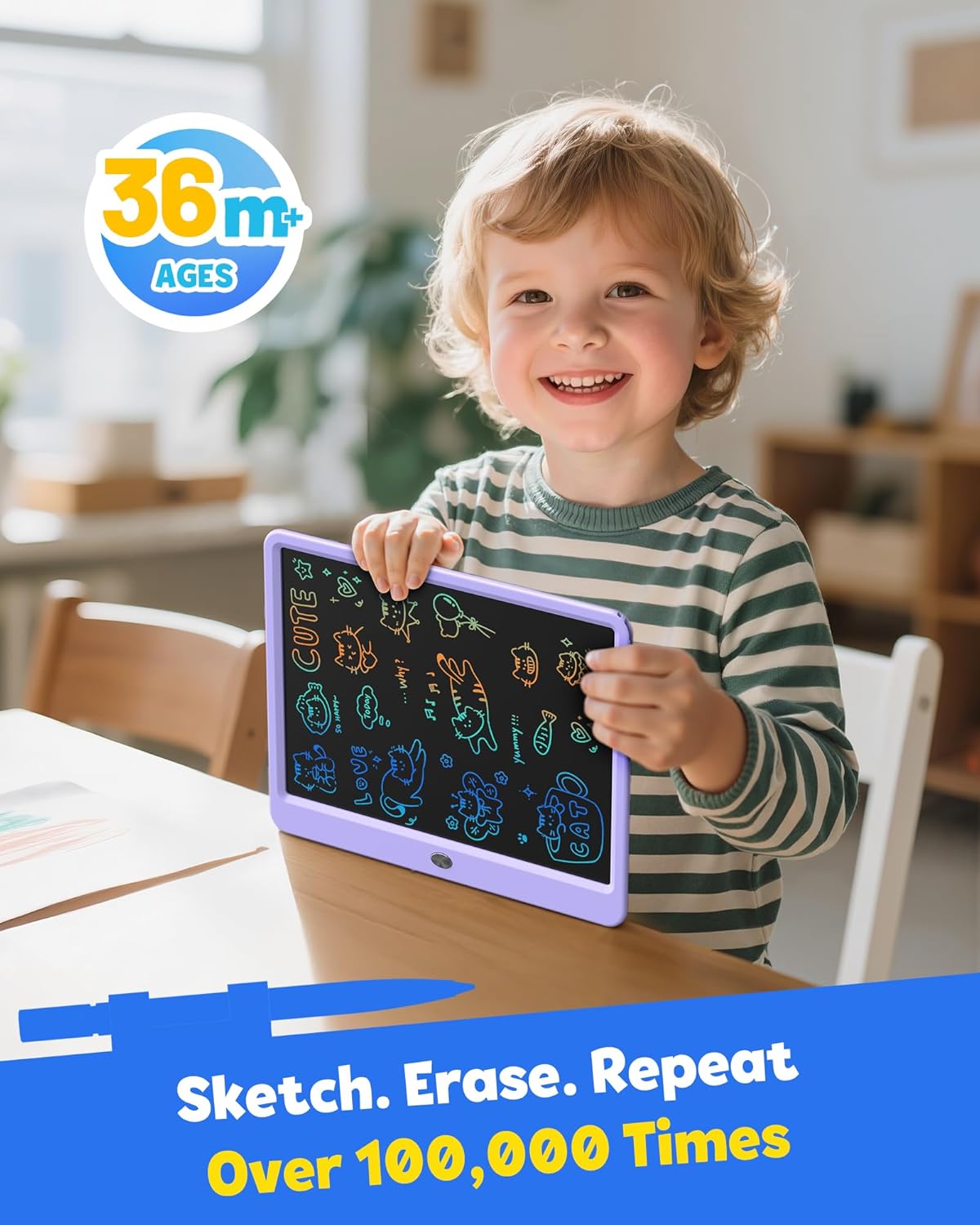 TEKFUN LCD Writing Tablet for Kids, 10-inch Coloring Drawing Pad, Mess Free Doodle Board, Airplane Travel Toys for Boys and Toddlers, Road Trip Essentials, Gifts for 3 4 5 6 7 8 Year Old Girls(Blue)