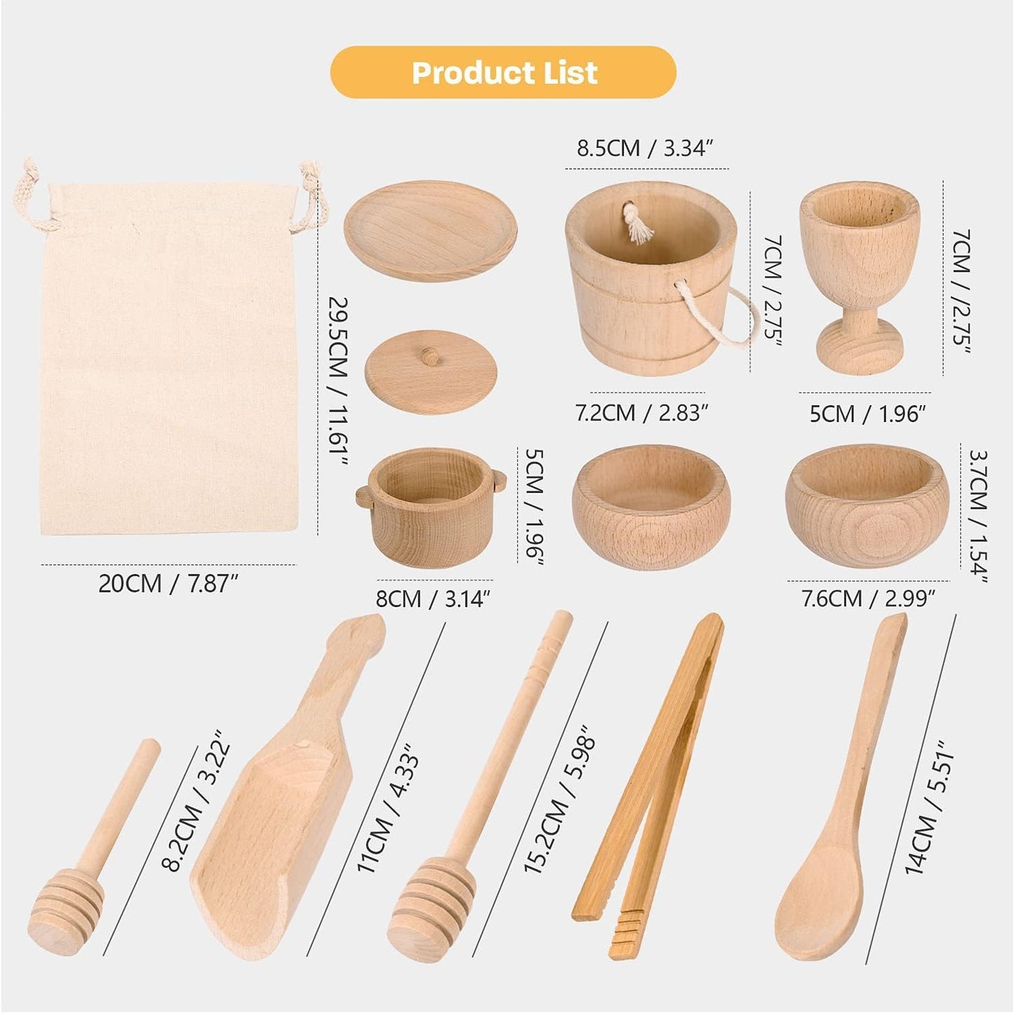 Montessori Sensory Bin Toys for 1 Year Old Toddlers, 11pcs Wooden Waldorf Toys - Wooden Scoops and Tongs for Transfer Work and Fine Motor Skills Development