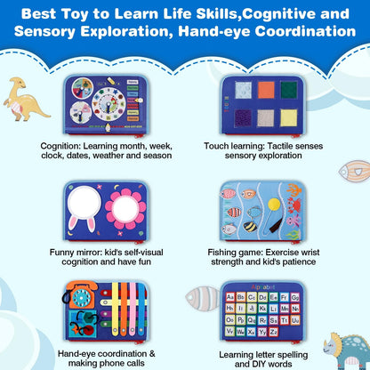 JHkim Busy Board Montessori Toys for 1 2 3 4 Year Old Boys Girls Gifts, Sensory Toy for Toddlers 1-3, Educational Activities Travel Toy for Airplane Car, Busy Book for Learning Fine Motor Skills,Blue