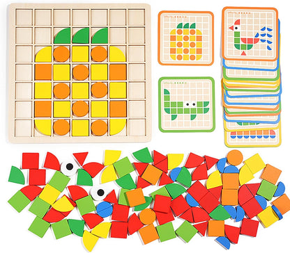 Wooden Pattern Blocks Set 120 Pcs Geometric Shapes Puzzle Classic Montessori Educational Tangram Toys with 24 Design Cards for 4-8 Year Old Kids