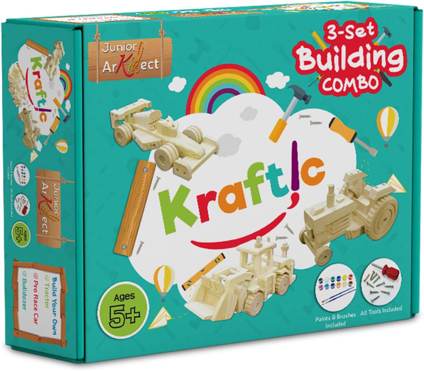 Kraftic Woodworking Building Kit for Kids and Adults, with 3 Educational DIY Carpentry Construction Wood Model Kit Toy Projects for Boys and Girls - Tow Truck, Birdhouse and Dump Truck