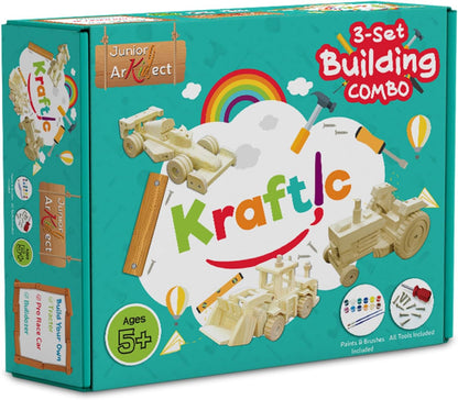 Kraftic Woodworking Building Kit for Kids and Adults, with 3 Educational DIY Carpentry Construction Wood Model Kit Toy Projects for Boys and Girls - Tow Truck, Birdhouse and Dump Truck