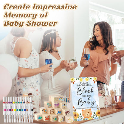 117 Pcs Baby Shower Blocks to Decorate Game Kit Includes 52 Wooden Blocks 24 Markers 1 Game Sign 40 Templates to Paint (Kraft)