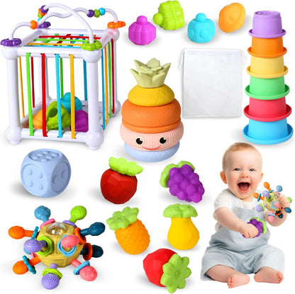 6-in-1 Montessori Baby Toys for 6-12-18 Months, Fun Infant Toys with Shape Sorter Sensory Bin, Stacking Rings, Bath Toys,Soft Fruit, Learning Developmental Toys Gifts for 1 2 3 Year Old Boys Girls