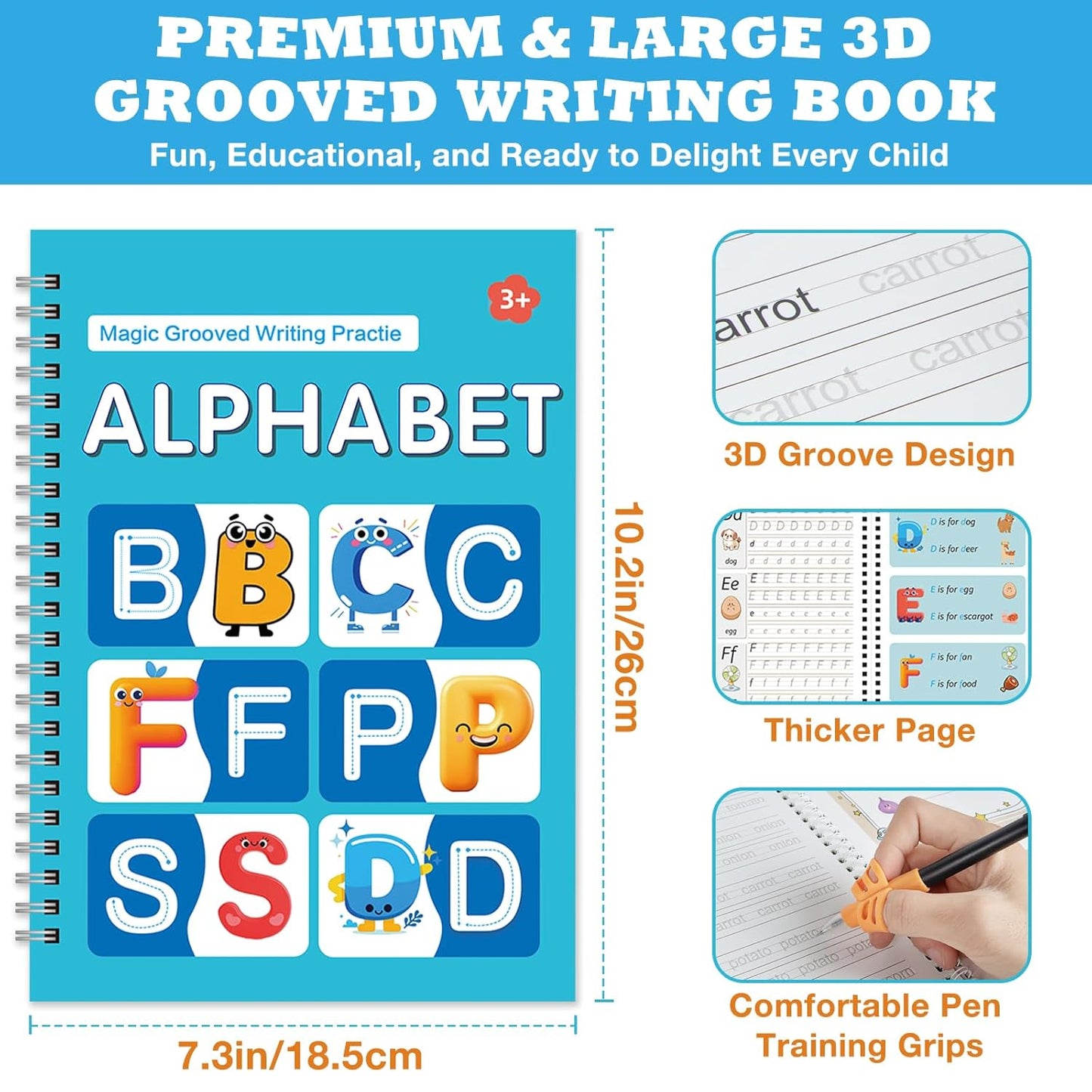 Magic Grooved Writing Practice Book for Kids Ages 3–8, 6 Reusable Handwriting Practice Books with 6 Pens, 12 Refills, 3 Soft Grips, Preschool Learning Activities Gifts for Boys and Girls