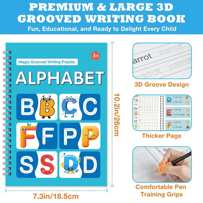 Magic Grooved Writing Practice Book for Kids Ages 3–8, 6 Reusable Handwriting Practice Books with 6 Pens, 12 Refills, 3 Soft Grips, Preschool Learning Activities Gifts for Boys and Girls