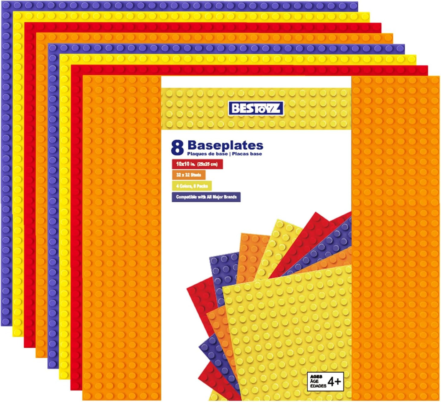 Building Bricks Baseplates Multipack 32x32 Stud, 8 Pack of Base Plates in Color of Black, Dark Grey, Light Grey & White, Foundation & Display for Building Blocks, 10x10 in. (25.5x25.5 cm)