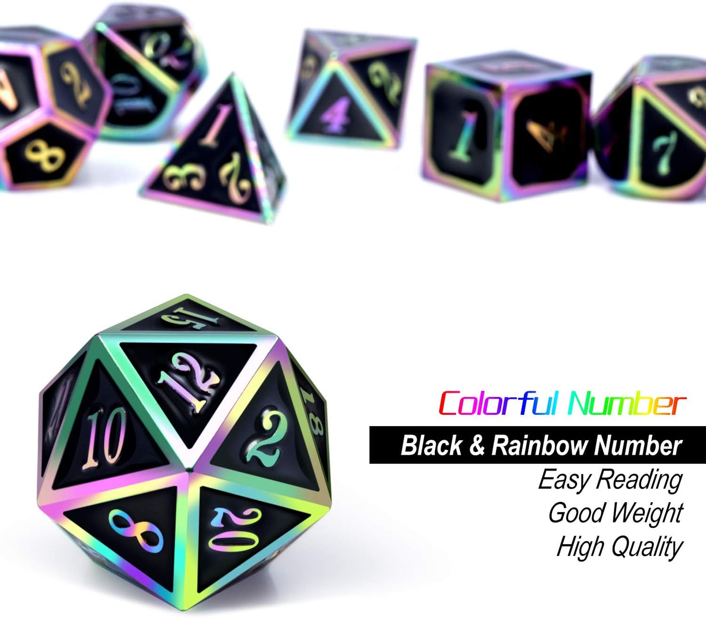 DnDnD Heavy Polyhedral Metal Dice Set with Metal Box, 7-die Shiny Blue Surface with Golden Number for RPG,Dungeons and Dragons,Pathfinder,Shadowrun,D&D,Role Palying Game and Math Teaching - Colors B