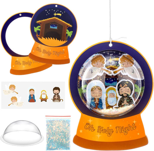 Threehoney 24 Pack Easter Nativity Craft Kit for Kids Toddler Jesus Birth Advent DIY Snow Globe Hanging Ornament with Glitter Sequin Paper Religious Holiday Classroom Decor(Joy,Silver)