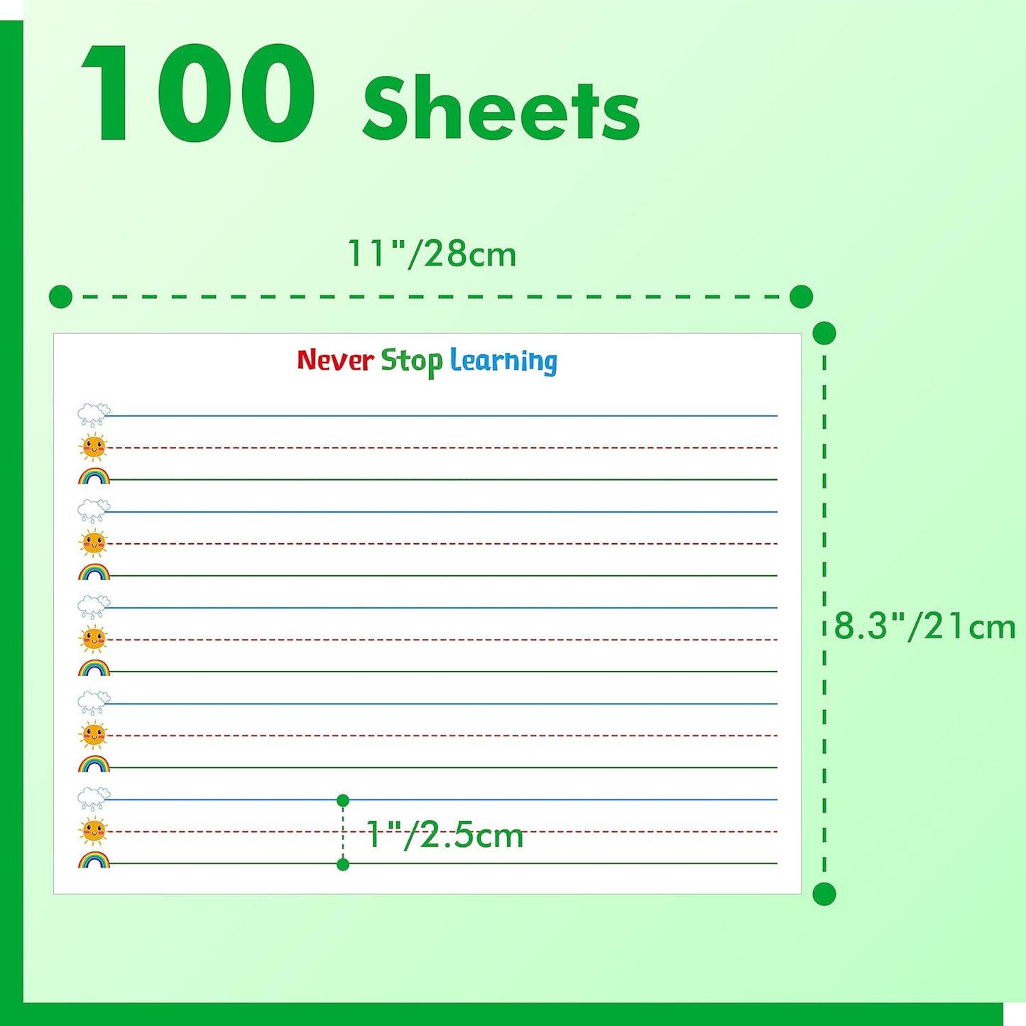 100 Sheets Ruled Writing Paper, Double-Sided Printing Skip-A-Line Ruled Writing Paper with Dotted Lines Handwriting Practice Paper 1” line spacing for Kindergarten Toddlers Kids (11” x 8.3”)