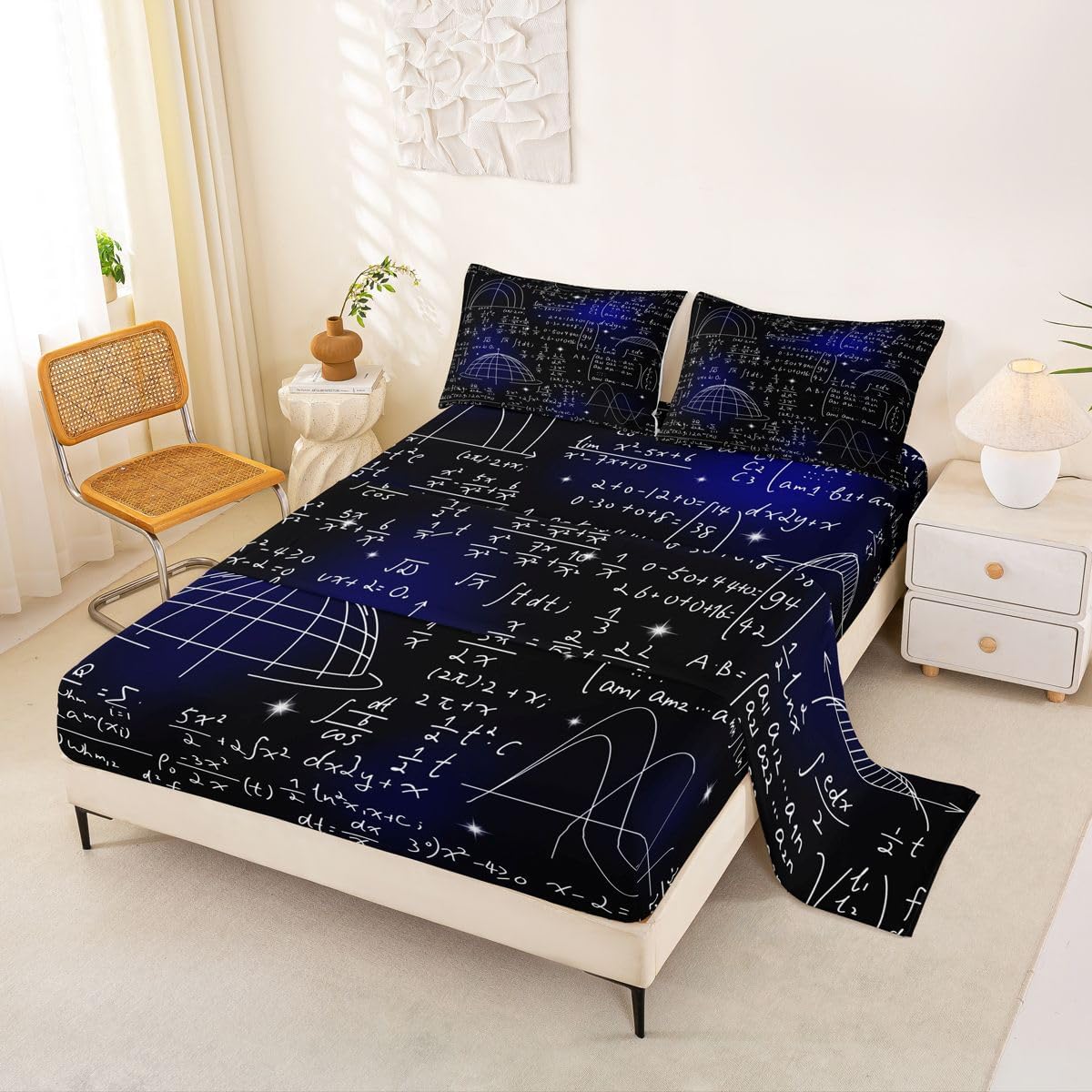 Erosebridal Science Theme Bed Sheets Set Full Size for Boys Girls Chemistry Periodic Table Print Sheet Set Chemical Subject Theme Sheets Teens Kids Math Science Atyle Fitted Sheet 4 Pcs