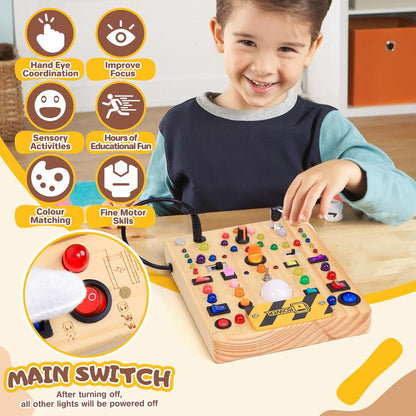 Busy Board with LED Light Switches, Montessori Toys for 1 2 3 Years Old, Toddlers Wooden Toy Sensory Activity Board, Travel Toys for 1+ Year Old Boy & Girl Birthday Gift