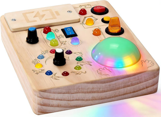 Wooden Montessori Busy Board with LED Light Switches & Tap Light, Sensory Activity Educational Toy for 1-3 Year Old Toddlers, Travel Toy & Birthday Gift for Boys Girls (Battery Not Included)