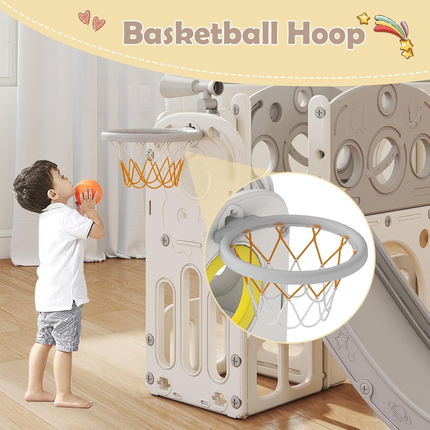 kinbor 6 in 1 Toddler Slide PlaySet - Indoor Outdoor Fun for Kids Ages 1-3, Includes Basketball Hoop, Telescope, Storage & Climber, Safe, Sturdy Baby Slide for Backyard Playground, Blue
