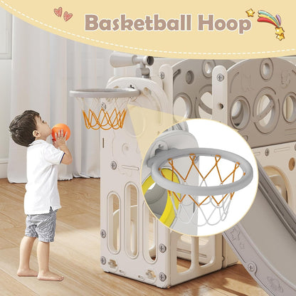 kinbor 6 in 1 Toddler Slide PlaySet - Indoor Outdoor Fun for Kids Ages 1-3, Includes Basketball Hoop, Telescope, Storage & Climber, Safe, Sturdy Baby Slide for Backyard Playground, Blue